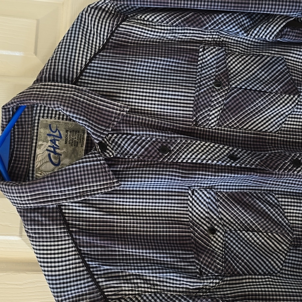 CHALC BRAND MENS BLACK & BLUE PLAID LONG SLEEVE FRONT BUTTON SHIRT SIZE MEDIUM